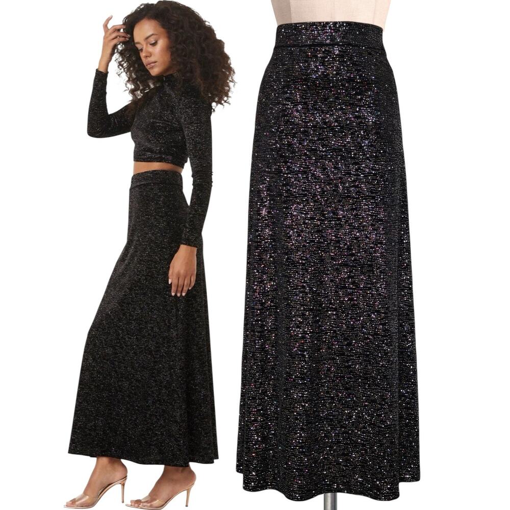 New $325 MISA Los Angeles Ekat Black Astral Dusted Glitter Sparkle Long Skirt L